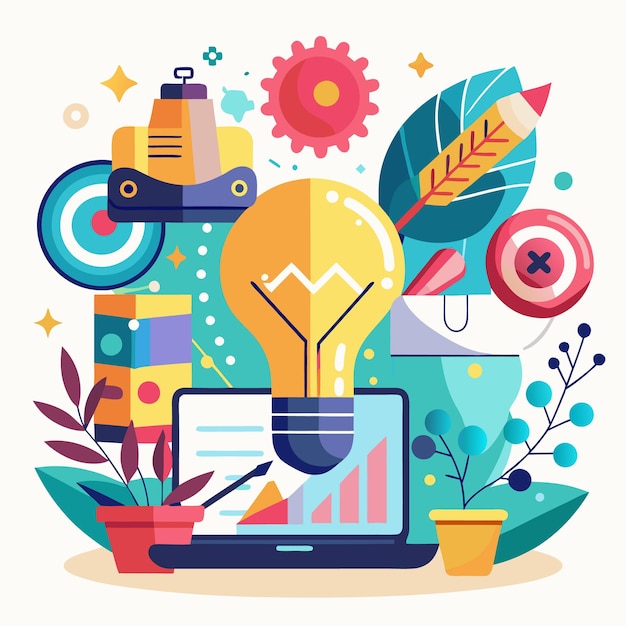 Ilustración creativa del espacio de trabajo Diseño de oficina vibrante con elementos inspiradores
