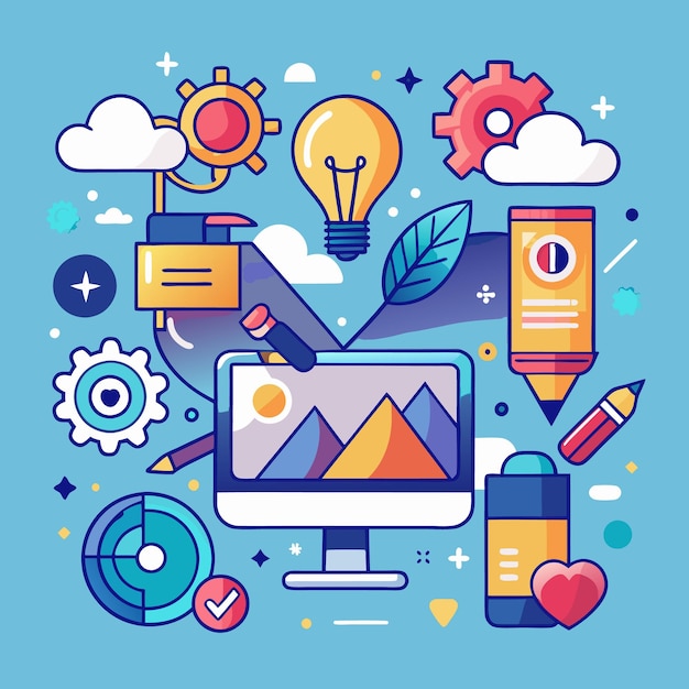 Ilustración creativa del espacio de trabajo Diseño de oficina vibrante con elementos inspiradores