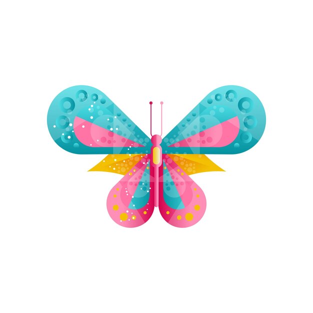 Ilustración creativa de mariposa brillante con patrón abstracto en las alas. Icono de plano con degradados y textura. Elemento decorativo para decoración de libros o paredes. Diseño colorido del vector aislado en blanco.