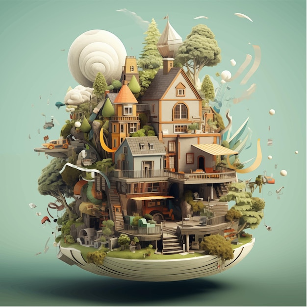 Vector ilustración creativa de un pequeño pueblo en 3d