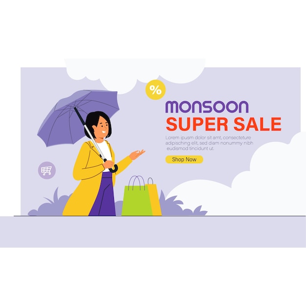 Ilustración creativa de la súper venta del monzón para campañas de marketing
