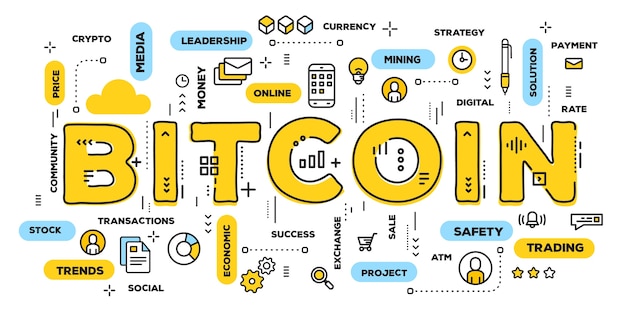 Ilustración creativa de la tipografía de la palabra amarilla bitcoin con iconos de línea y nube de etiquetas