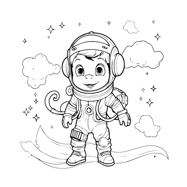 Ilustración creativa vectorial infantil de un pequeño astronauta lindo en el espacio para colorear libro o página