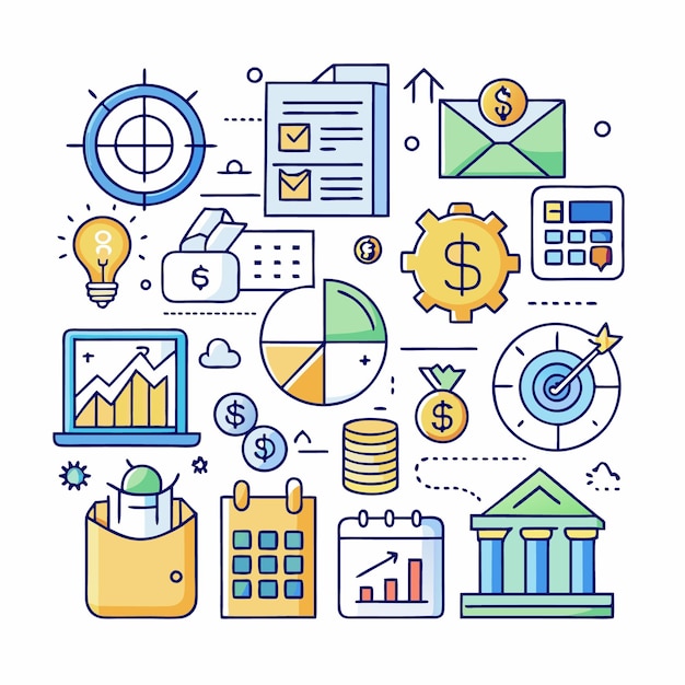 Ilustración del crecimiento financiero con iconos como el gráfico, la calculadora de objetivos, la bolsa de dinero y el calendario