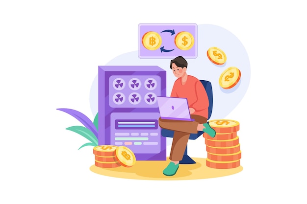 Ilustración de criptomonedas de minería y comercio