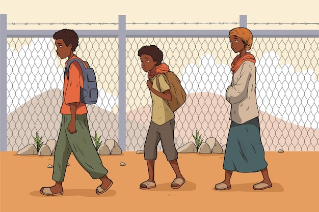 Ilustración de la crisis migratoria dibujada a mano