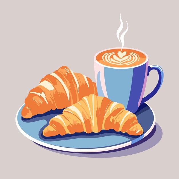 Vector ilustración de un croissant y un café con leche