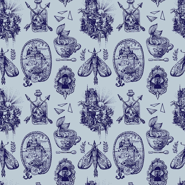 Ilustración de croquis dibujado a mano Patrón sin costuras de estilo de tatuaje Nosotros para invitaciones postales textiles cubiertas de teléfonos inteligentes, etc.