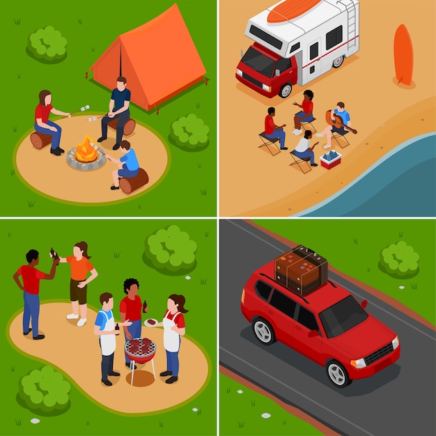 Ilustración cuadrada de picnic isométrica con familias almorzando en un parque y en la playa
