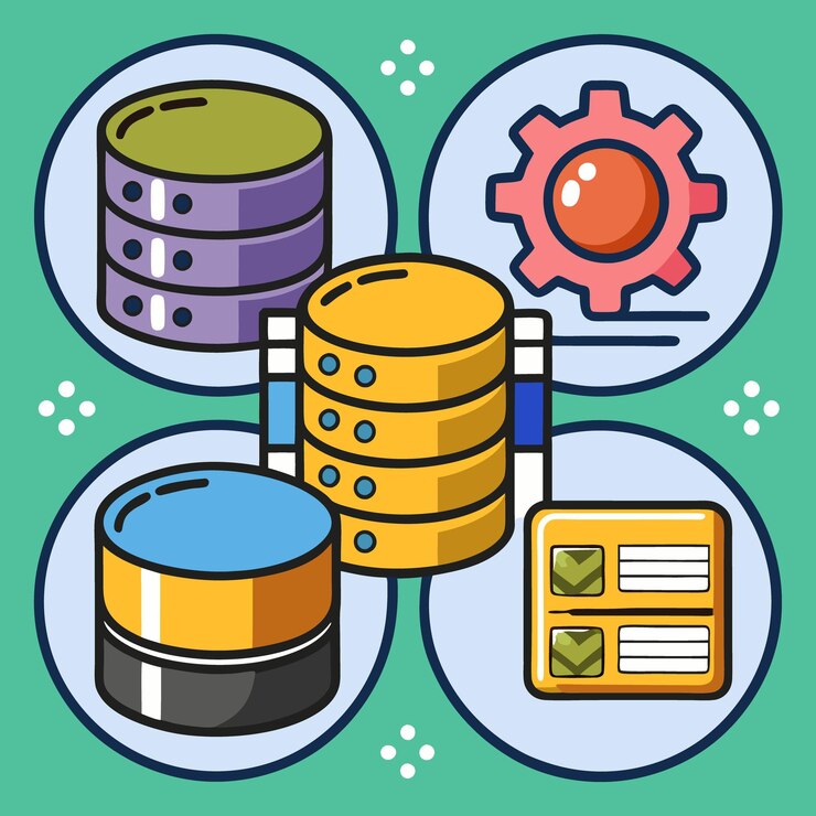 Vector ilustración de cuatro iconos de datos, equipo de servidor de base de datos y hoja de cálculo