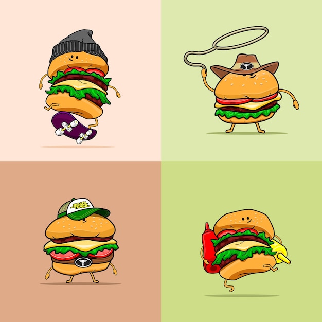 Vector ilustración de cuatro lindos personajes de hamburguesas gordas con diferentes poses