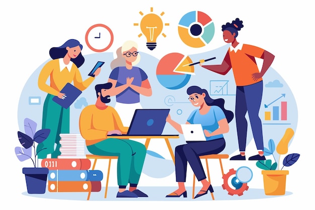 Una ilustración de cuatro personas en una oficina colaborando en un proyecto de análisis de datos dos en portátiles uno en una tableta y uno explicando un gráfico circular