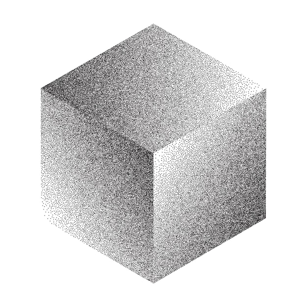 Ilustración de cubo 3D con textura punteada que muestra la profundidad