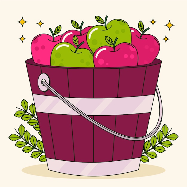 Vector ilustración de un cubo de manzanas dibujado a mano