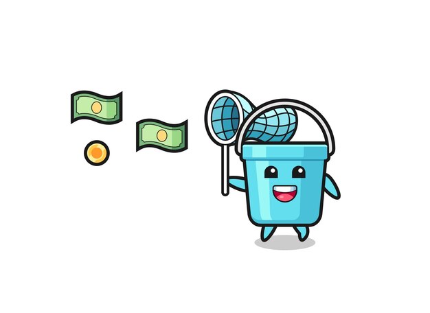 Ilustración del cubo de plástico atrapando dinero voladorxA lindo diseñoxA