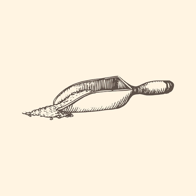 La ilustración de una cuchara de madera con granos en vector Utensilio molinero dibujado al estilo de grabado