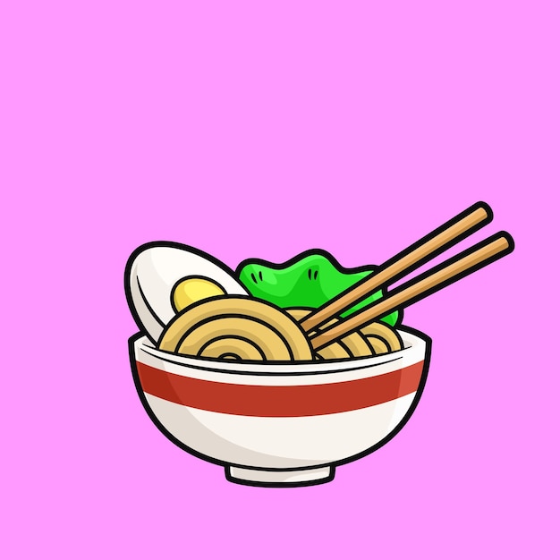 Ilustración de un cuenco de ramen japonés con huevo de fideos y palillos