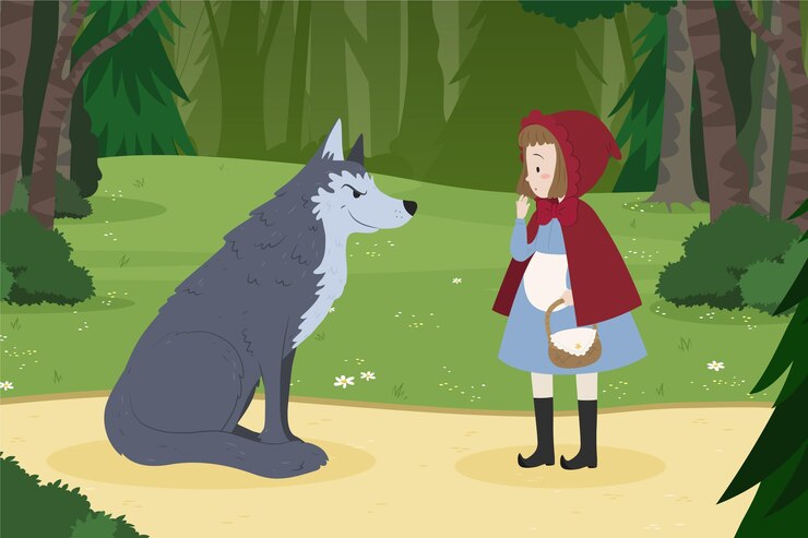 Vector ilustración de cuento de caperucita roja de diseño plano