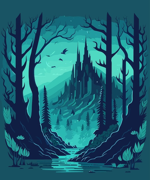 Vector una ilustración de cuento de hadas de un bosque encantado fantasía cuento épico vintage