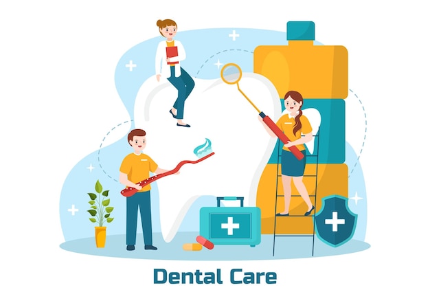Ilustración de cuidado dental con dentista tratando dientes humanos y limpiando con equipo médico