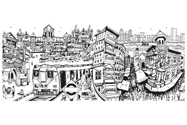 ilustración de la cultura de Mumbai edificios históricos ilustración garabatos boceto Haji Ali Mumbai