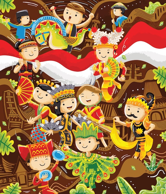 Ilustración de la cultura tradicional indonesia en estilo de diseño plano