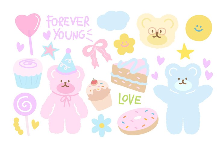 Ilustración de cumpleaños feliz con oso de peluche sombrero de fiesta pastel de pastel de caramelo rosado cinta estrella