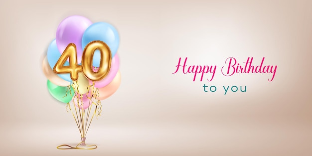 Ilustración de cumpleaños festiva en colores pastel con un montón de globos de helio globos de papel dorado en forma de número 40 y letras Feliz cumpleaños en fondo beige