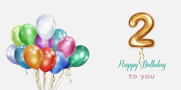 Ilustración de cumpleaños festivo con globos de helio de colores globo de lámina dorada número 2 grande e inscripción Feliz cumpleaños sobre fondo blanco