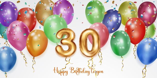 Ilustración de cumpleaños festivo con globos de helio de colores gran número 30 globo de lámina dorada volando piezas brillantes de serpentina e inscripción Feliz cumpleaños sobre fondo blanco
