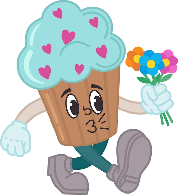 Ilustración de un cupcake con flores en estilo retro de los años 30 40 50 60 el personaje