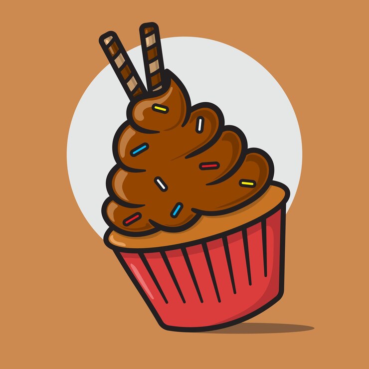 una ilustración de cupcake vectorial con glaseado de chocolate y un muffin de chocolate en él