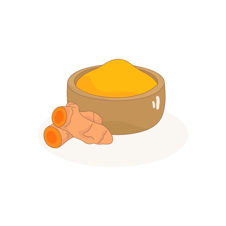 Vector ilustración de la cúrcuma y el polvo de cúrcuma en un cuenco