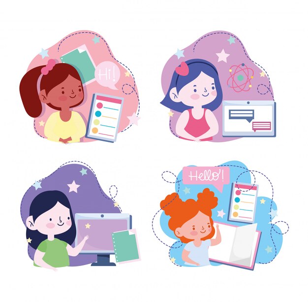 Vector ilustración de cursos de formación en línea, libros de computadora para niñas estudiantes, sitio web y cursos móviles