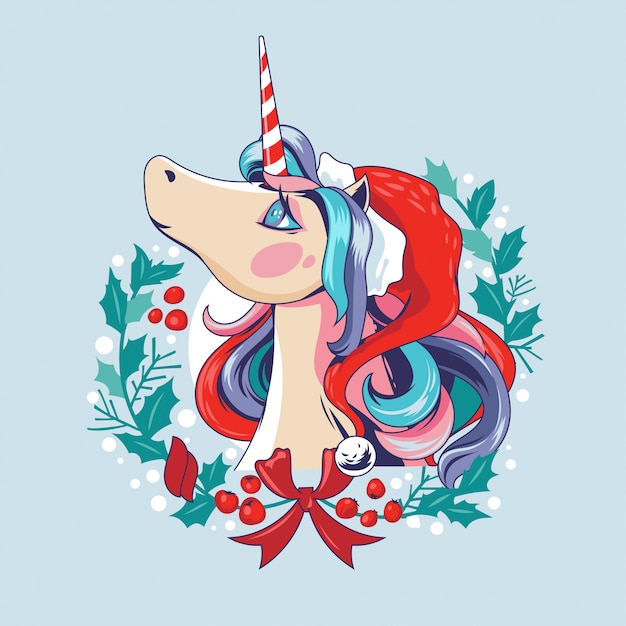 Ilustración Cute Unicorn-Santa en corona de Navidad