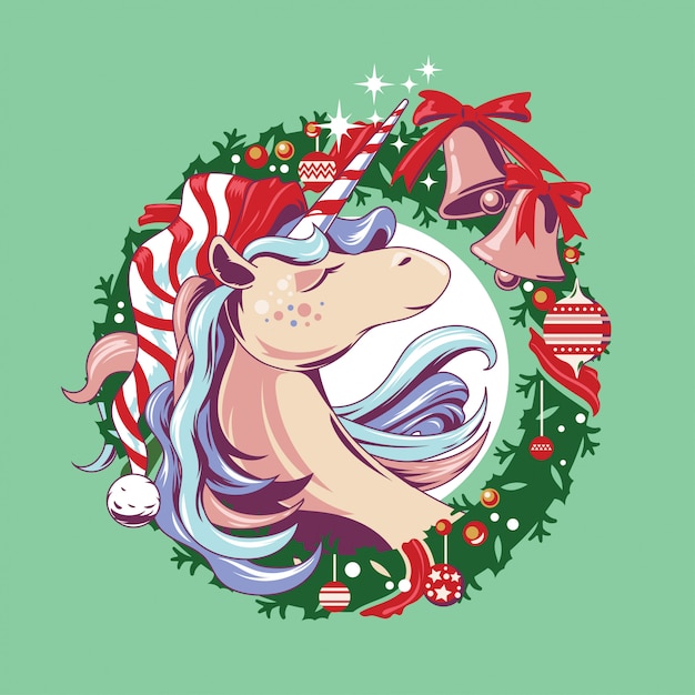 Ilustración Cute Unicorn-Santa en corona de Navidad