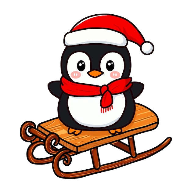 Ilustración Cutio Pingüino en un trineo con sombrero y bufanda de Papá Noel para Navidad
