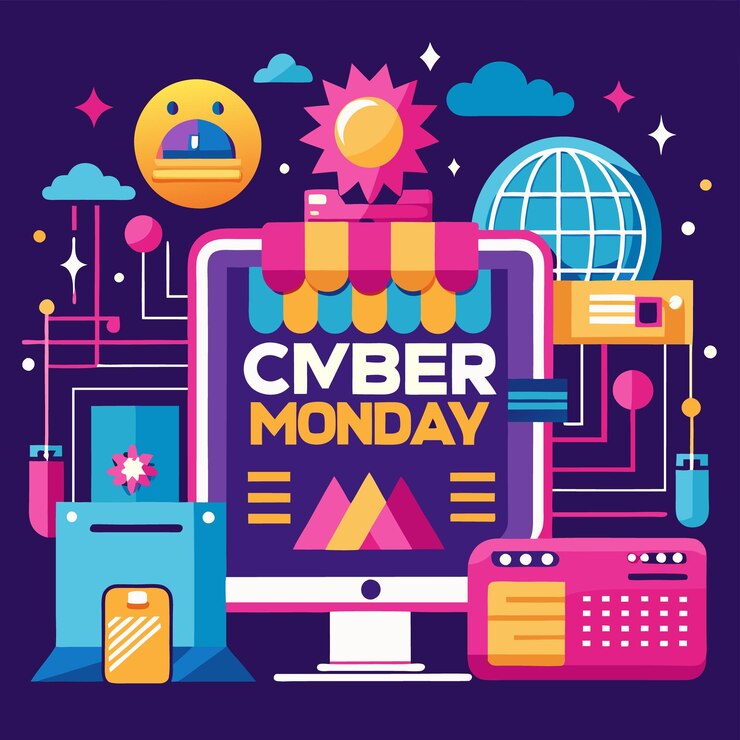 Vector ilustración de cyber monday con una pantalla de computadora con un icono de carrito de compras y el texto "cyber monday" frente a un fondo azul con muchos iconos diferentes