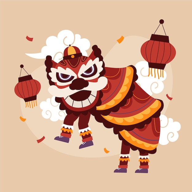 Ilustración de danza del león de año nuevo chino plano