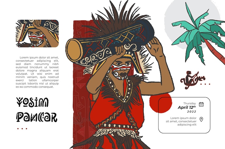 Vector ilustración de danza papúa yosim pancar dibujada a mano fondo de culturas indonesias
