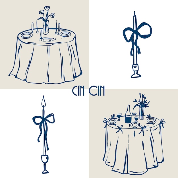 Ilustración de decoración de mesa de bodas en vintage retro dulce la dolce vita fiesta de vacaciones imprimible