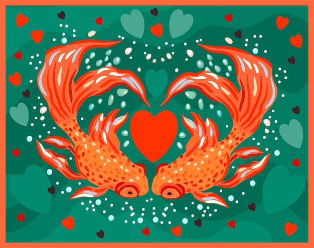 Ilustración decorativa brillante vectorial de dos peces dorados con un corazón sobre fondo aguamarina