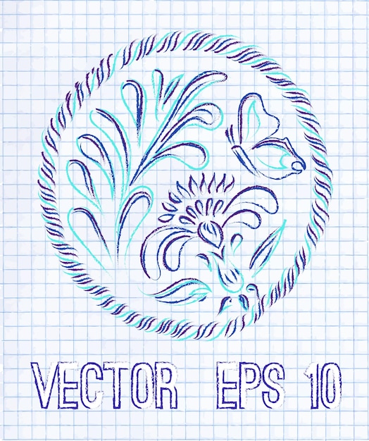 Ilustración decorativa floral Adorno dibujado a mano en papel de cuaderno en blanco