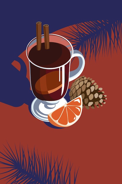 Vector ilustración decorativa de vino caliente con rodaja de naranja y piña. vector premium