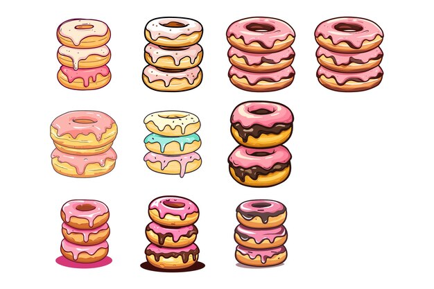 Ilustración de una deliciosa pila de rosquillas con helados coloridos