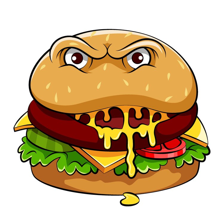 Vector la ilustración del delicioso monstruo hamburguesa con ojos grandes y verduras en el interior.