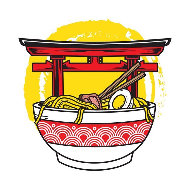 Ilustración de deliciosos fideos ramen japoneses en un tazón con fondo de puerta torii