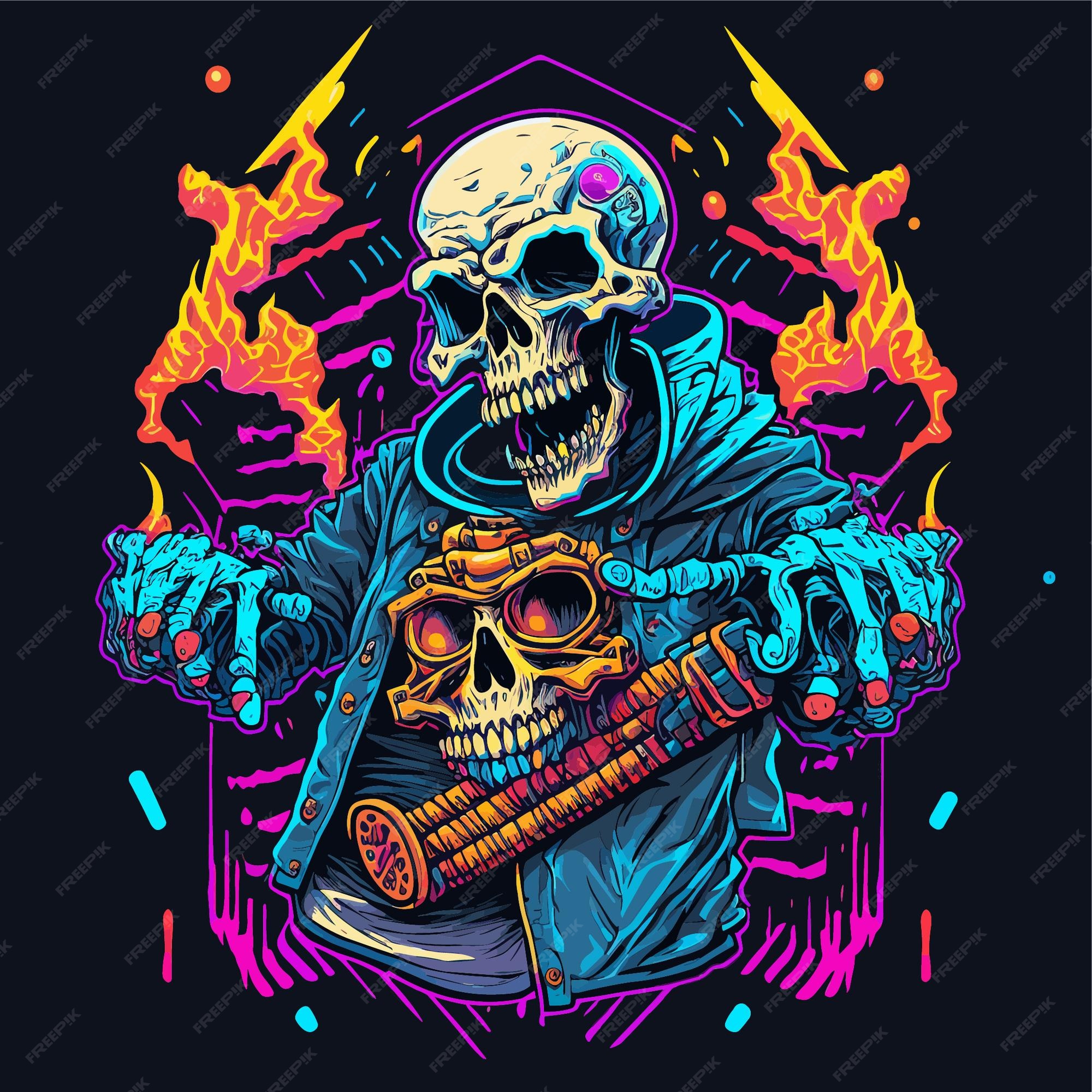 Ilustración de demonio esqueleto psicodélico. tatuaje de ropa de heavy metal. oscuro. | Vector Premium