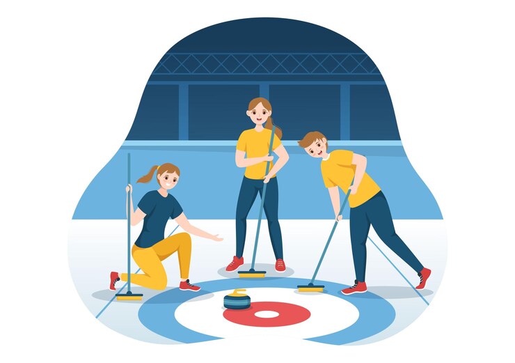 Vector ilustración de deporte de curling con juego de equipo de rocas y escoba en plantilla dibujada a mano de anillo de hielo
