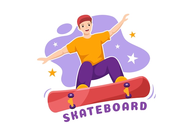 Ilustración de deporte de monopatín con patinadores saltan usando tablero en trampolín en skatepark